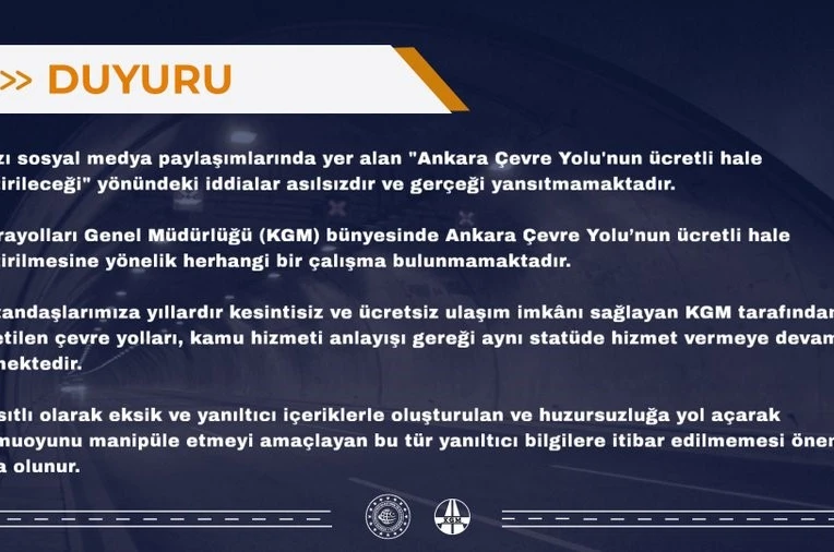 KGM’den "Ankara Çevre Yolu’nun ücretli hale getirileceği" iddialarına yalanlama 