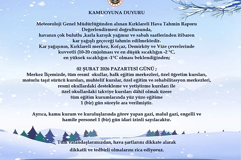 Kırklareli merkez, Kofçaz, Demirköy ve Vize’de eğitime 1 gün ara verildi
