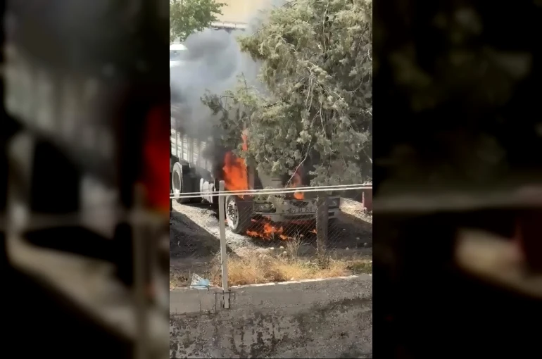 Mardin’de park halindeki kamyon yandı