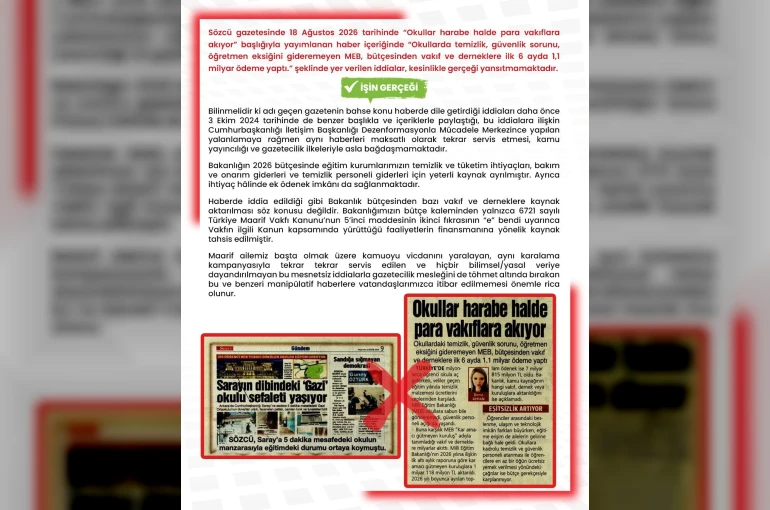 MEB Dezenformasyonla Mücadele: "’MEB, bütçesinden vakıf ve derneklere ilk 6 ayda 1,1 milyar ödeme yaptı’ iddiası gerçeği yansıtmamaktadır" 