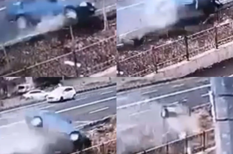 Otomobilin drenaj kanalına uçtuğu anlar görüntülendi