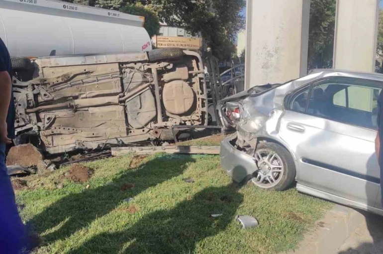Otomobille çarpışan araç takla atarak durabildi