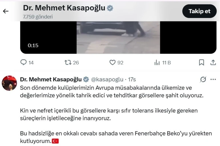 Sırp taraftarların ırkçı pankartına Kasapoğlu’ndan sert tepki 