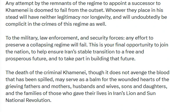 Sürgündeki Rıza Pehlevi: "Hamaney’in ölümüyle, İran rejimi fiilen sona erdi"