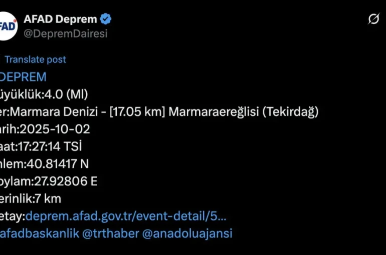 Tekirdağ'da 4.0 büyüklüğünde deprem meydana geldi