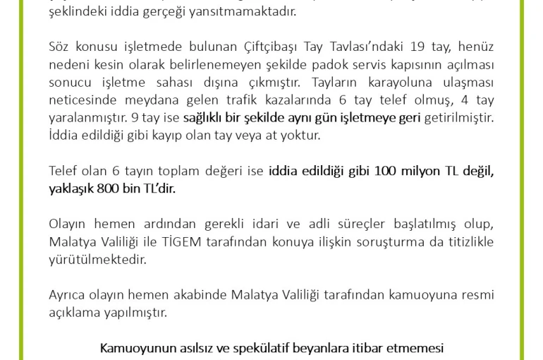 TİGEM’den ’değeri 100 milyon lira olan yarış atları kayıp’ iddialarına yalanlama