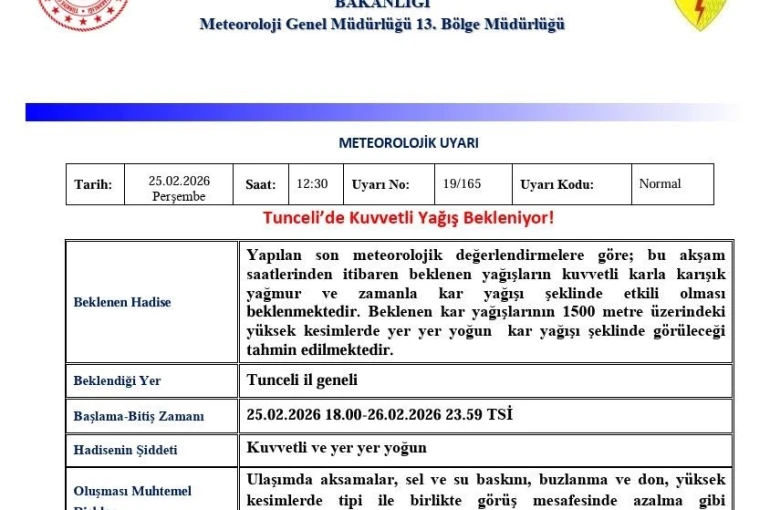 Tunceli için ‘Kuvvetli Yağış’ uyarısı