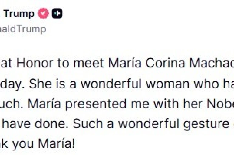 Venezuelalı muhalif lider Machado Nobel Barış Ödülü madalyasını Trump’a verdi