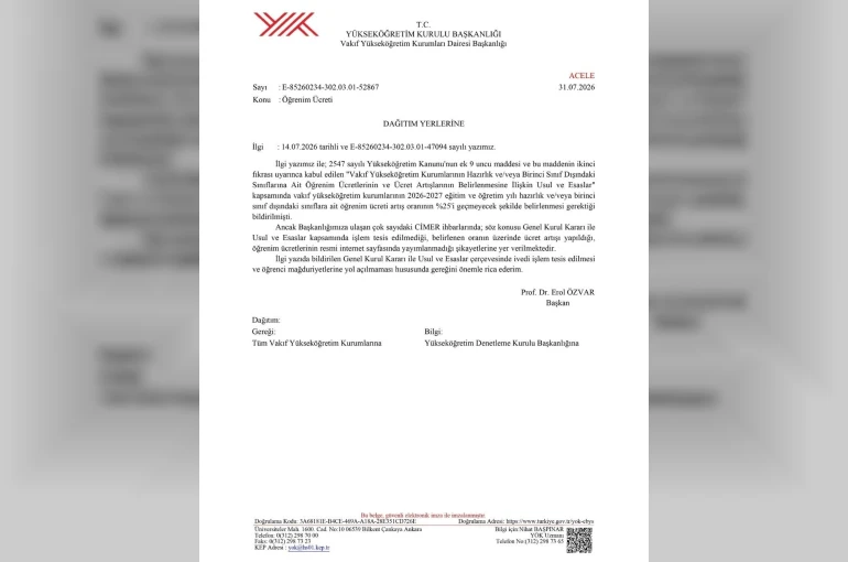 YÖK’ten öğrenim ücreti artışına ilişkin vakıf üniversitelerine uyarı yazısı